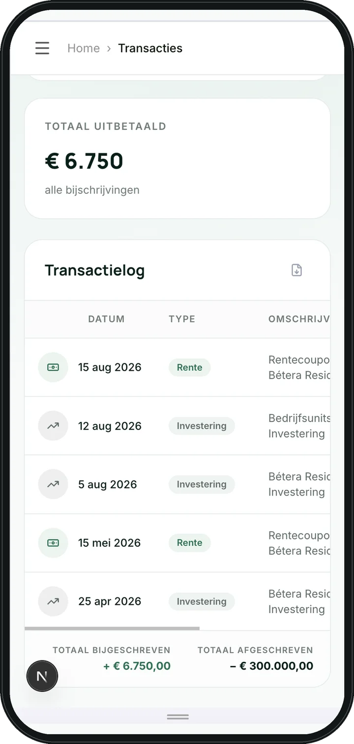 NXO investeerdersportaal op mobiel — transactieoverzicht